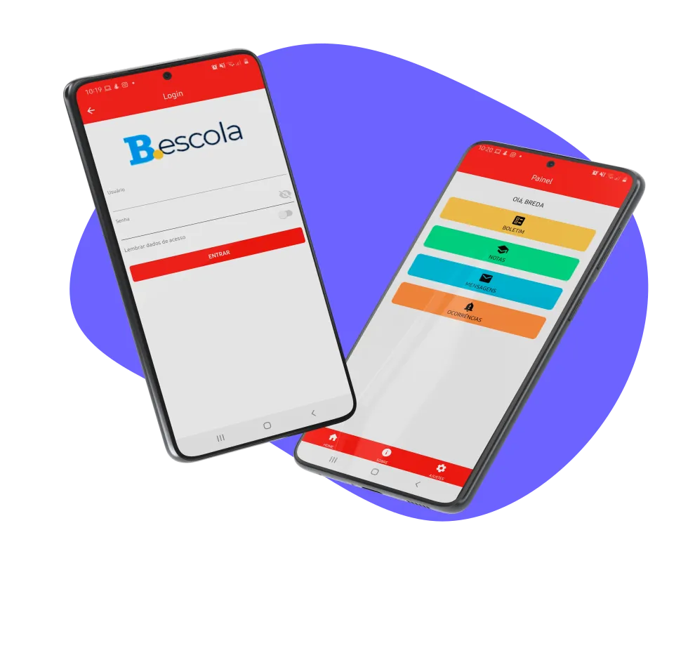 Aplicativo do B-Escola em dois celulares: login e painel com boletim, notas, mensagens e ocorrências